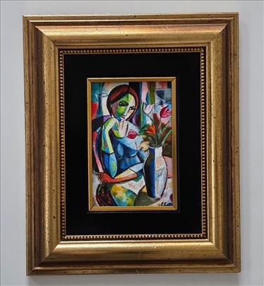 Slika - Dama i cvece - akril na platnu. Minijatura