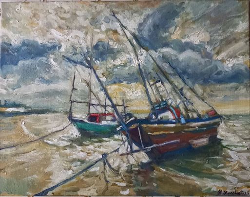 Brodovi kraj obale,ulje na platnu