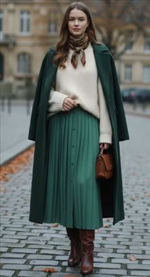  Vintage Elegancija: Smaragdna suknja na falte