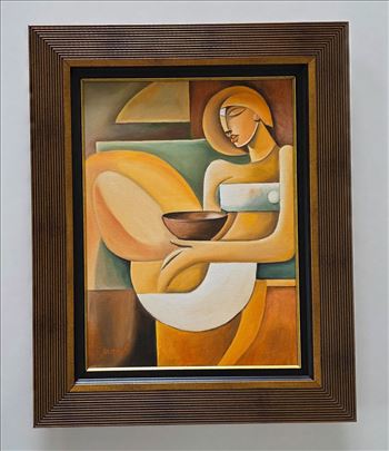 Ulje na platnu - Zena sa posudom, prelepa slika!