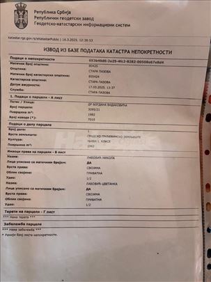 Građevinski plac 19,82 ara – S. Pazova, odličan