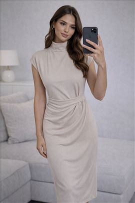 Bež midi haljina – viskoza – elegantan kroj NOVO