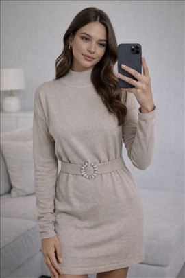 Ženska bež haljina sa kaišem – pamuk NOVO