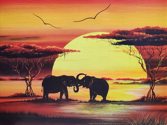 Slika africki zalazak sunca sa slonovima
