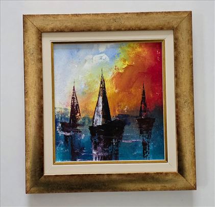 Ulje na platnu - Crveno nebo, mirna luka