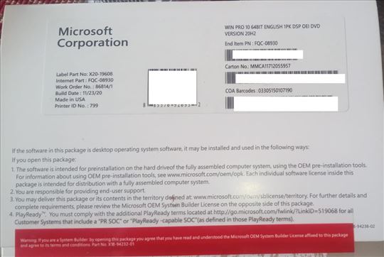 Windows 10 pro 64bit DVD OEM English