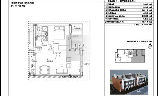 Dvosoban stan na Adicama 45m2 2000e/m2