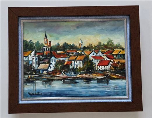 Ulje na platnu - Crveni krovovi uz reku