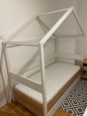 Dečiji krevet kućica – belo drvo + fioka