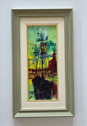 Ulje na platnu - Usidren brod. Minijatura