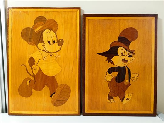 Intarzija na drvetu Miki Maus i Vucko par