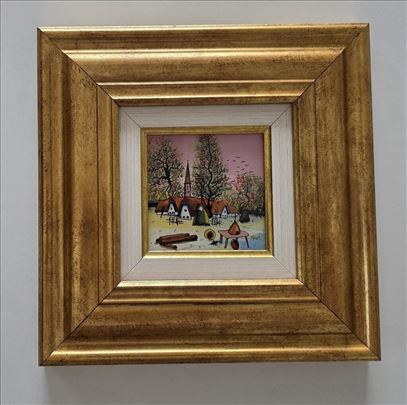 Naiva, ulje na staklu - Seoski suton. Minijatura