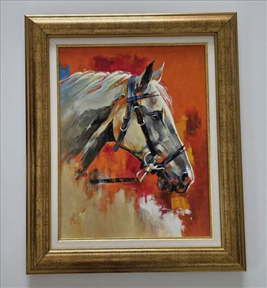 Ulje na platnu - Portret belog konja, prelepo!