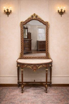 Stilska drvena konzola sa mermerom i ogledalom