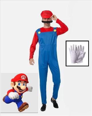 Super Mario kostim za odrasle + brkovi + rukavice