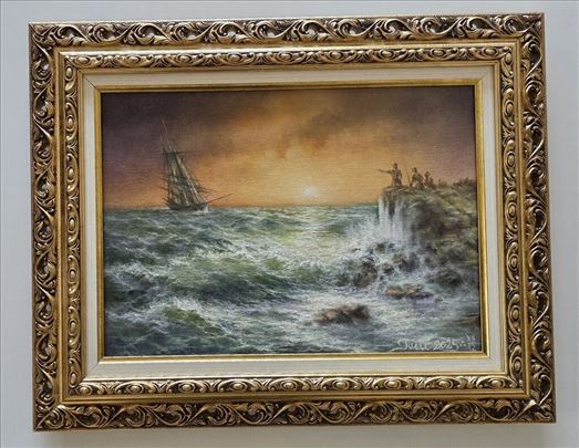 Ulje na platnu - Zalazak sunca i nemirno more