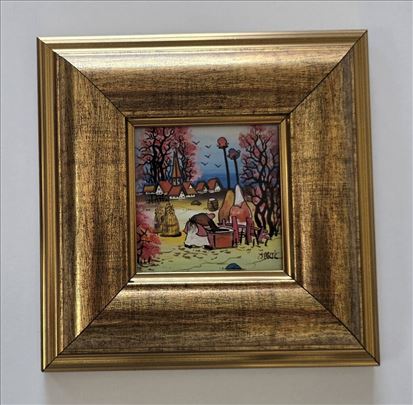 Naiva, ulje na staklu - Baka na bunaru. Minijatura