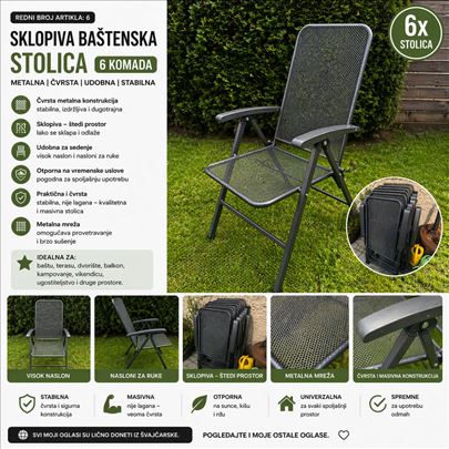 6 sklopivih baštenskih stolica metalne / terasne 