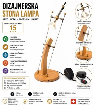 Dizajnerska stona lampa, drvo i metal, podesiva
