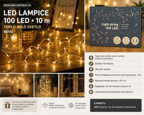 LED lampice 100 LED, 10m, toplo belo, timer, NOVO