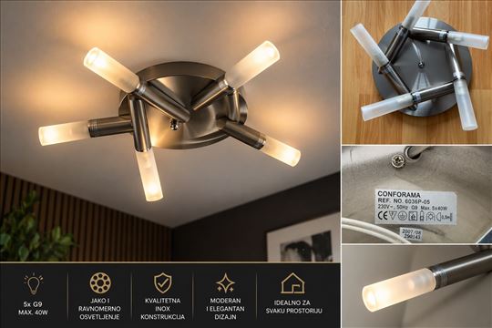 Plafonska lampa inox, 5 sijalica, moderan dizajn