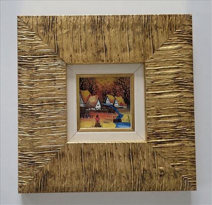 Naiva, ulje na staklu - Jesen u selu. Minijatura