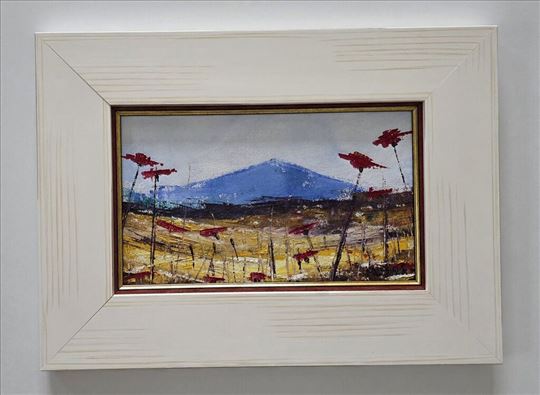 Ulje na platnu - Crveni makovi pod plavim brdom