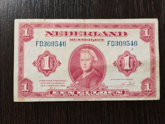 Bankbiljet 1 gulden 1943 Wilhelmina I Drugi svetsk