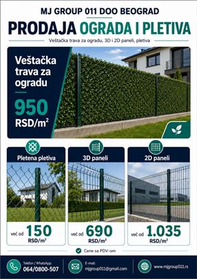 VEŠTAČKA TRAVA 900 RSD I PANELI 690 ZA OGRADU 