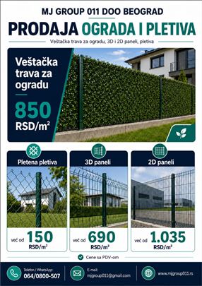 VEŠTAČKA TRAVA 850 RSD I PANELI 690 ZA OGRADU