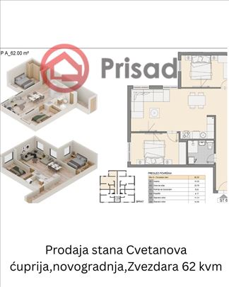 Zvezdara,Cvetanova ćuprija 62m2, dve spavaće sobe
