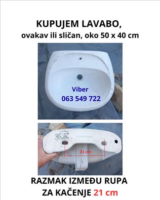 KUPUJEM LAVABO oko 50 x 40 cm, raspon rupa 21 cm