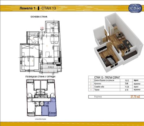Jednoiposoban stan 38 m², Salajka, Sa pdv-om, 3/4
