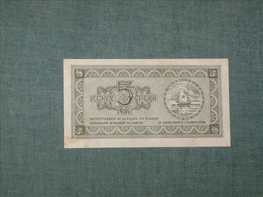 5 Lira 1945 , Gosp. Banka za Istru , Rijeku i Slo