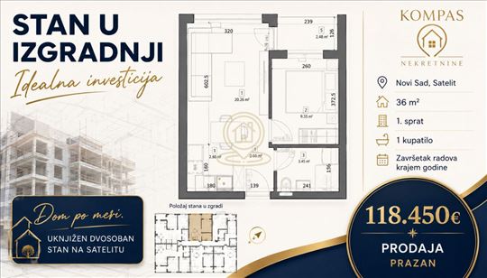 Dvosoban stan 36 m², Satelit, Novi Sad, Uknjizen, 