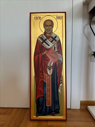 Pozlaćena, ručno oslikana ikona, Sv. Nikola, 70x30