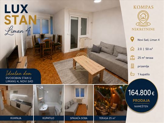 Dvosoban stan, 50 m² + 25m2 Terase, Liman 4, Novi