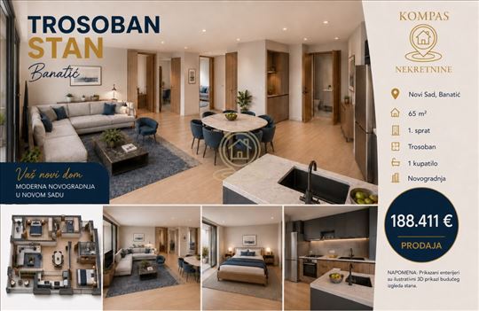 Trosoban stan, 65 m², Banatić, Novi Sad, 1. sprat