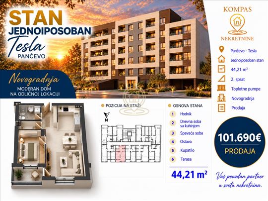 Jednoiposoban stan u Pančevu, Tesla, 44.21 m², 2. 