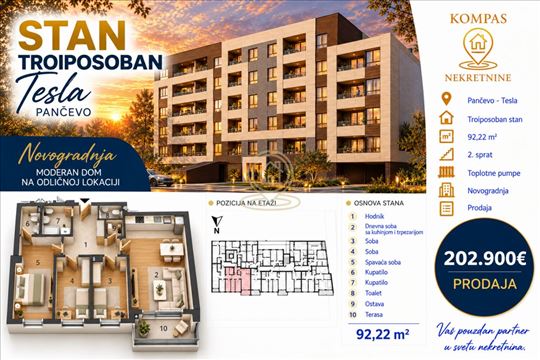 Troiposoban stan 92,22 m², Tesla, Pančevo, 2. spra