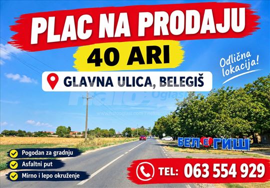 SUPER PONUDA Plac na ulazu u Belegiš. Glavna ulica