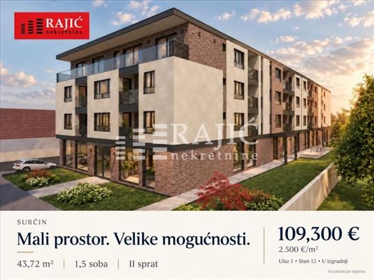 Surčin,lux,43,7m2,1.5-nov stan #4643