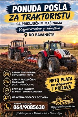 Ponuda posla traktorista sa prikljucnim masinama