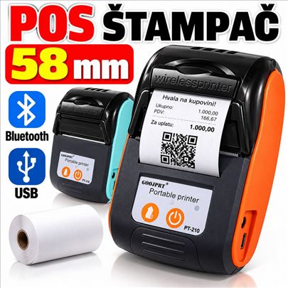 Termalni POS štampač 58mm Bluetooth USB prenosivi