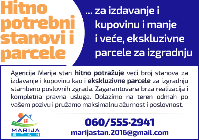 Hitno potrebni stanovi za izdavanje i kupovinu i parcele za izgradnju
