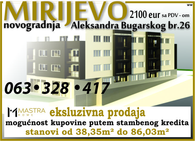 MIRIJEVO-novogradnja - stanovi na kredit