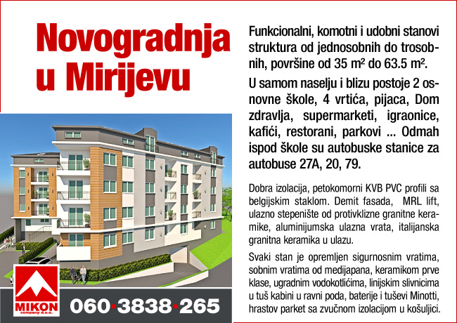 Mikon Company  |  Novogradnja u Mirijevu, stanovi 35m² - 63.5m²