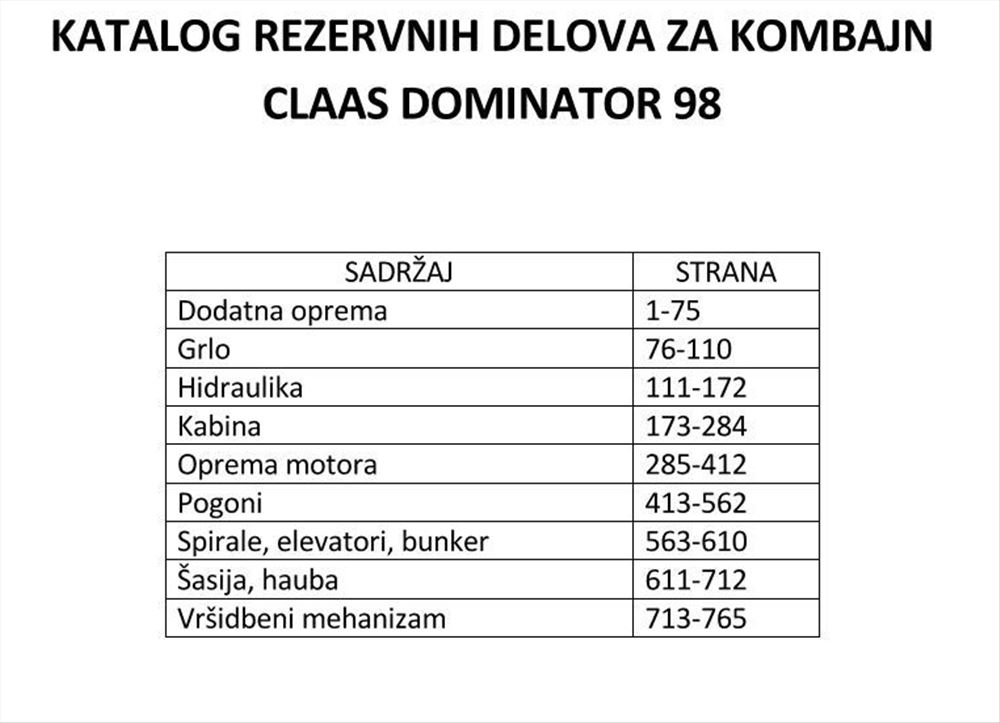 Claas Dominator S Sl Katalog Rezervnih Delova Halo Oglasi