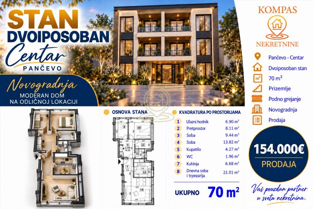 Панчево, квартира 70 m², 2.5 комната, 2 kupatila — фото
